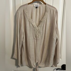 #1170. Meera Lane Long Sleeve Cream V-Neck w/Front Tie & Crochet Detail. Size 1X